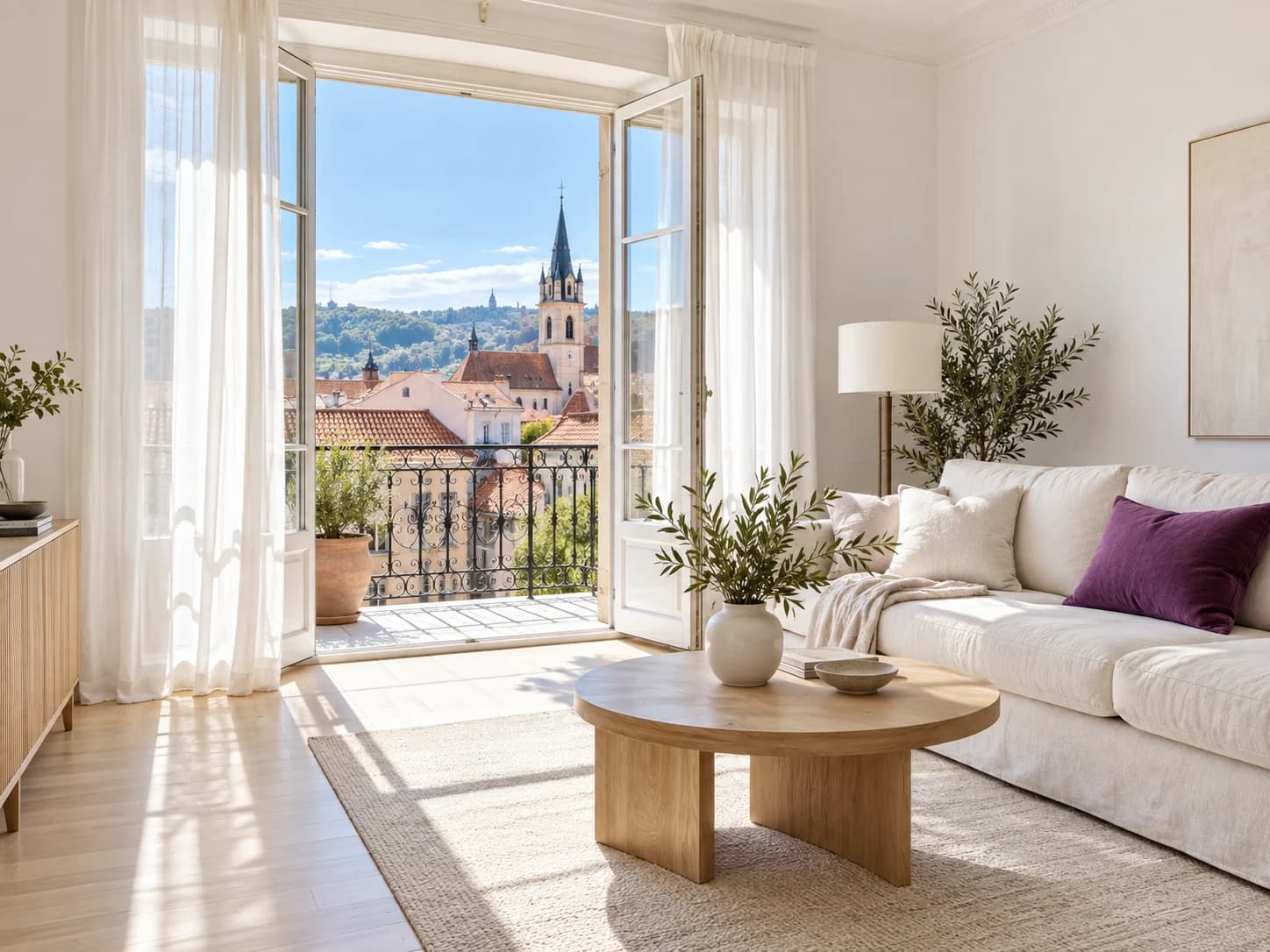 A bright apartment ready for guests, with the balcony door open onto the city