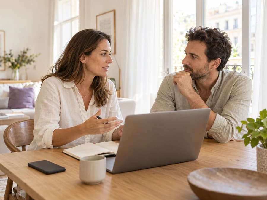 Two property managers discussing a portfolio on a laptop, in a bright apartment