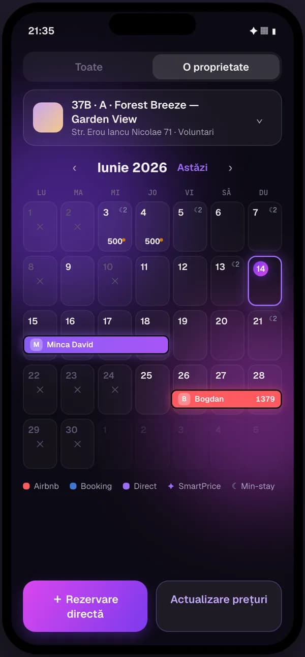 The BnBFlow mobile app in the dark theme: the same monthly calendar, with bookings and daily prices
