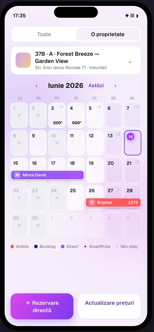 The BnBFlow mobile app in the light theme: the June calendar for one property, with Airbnb and direct bookings, daily prices and closed days