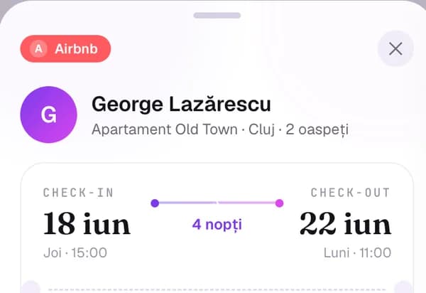 A booking’s details in the BnBFlow mobile app: Airbnb channel, the guest’s name, the property, 2 guests, check-in 18 June at 15:00 and check-out 22 June at 11:00, 4 nights