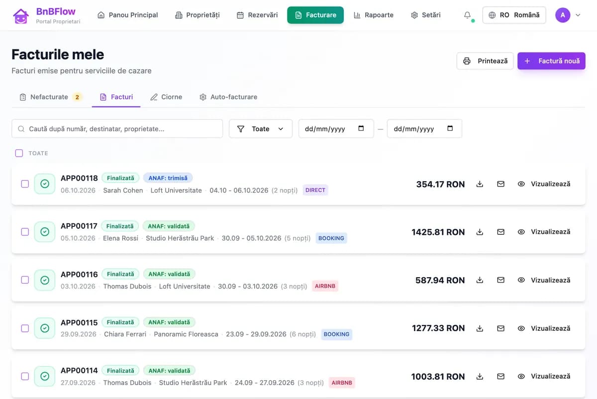 Facturile proprietarului către oaspeți, în portal: numărul, starea e-Factura, oaspetele, proprietatea, sejurul, canalul și suma, cu descărcare și trimitere pe email