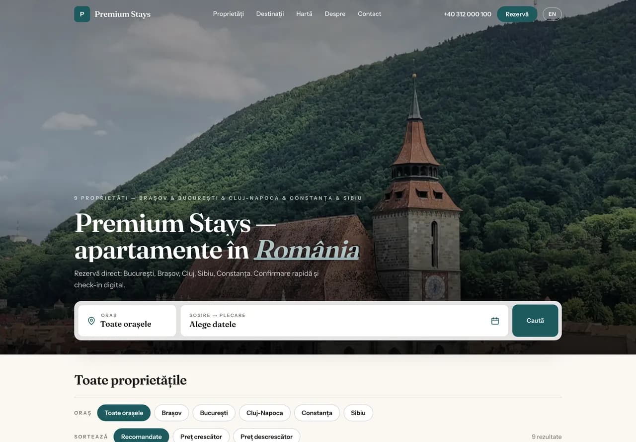 The Premium Stays booking website: a Brașov cover photo, search by city and dates, the first properties