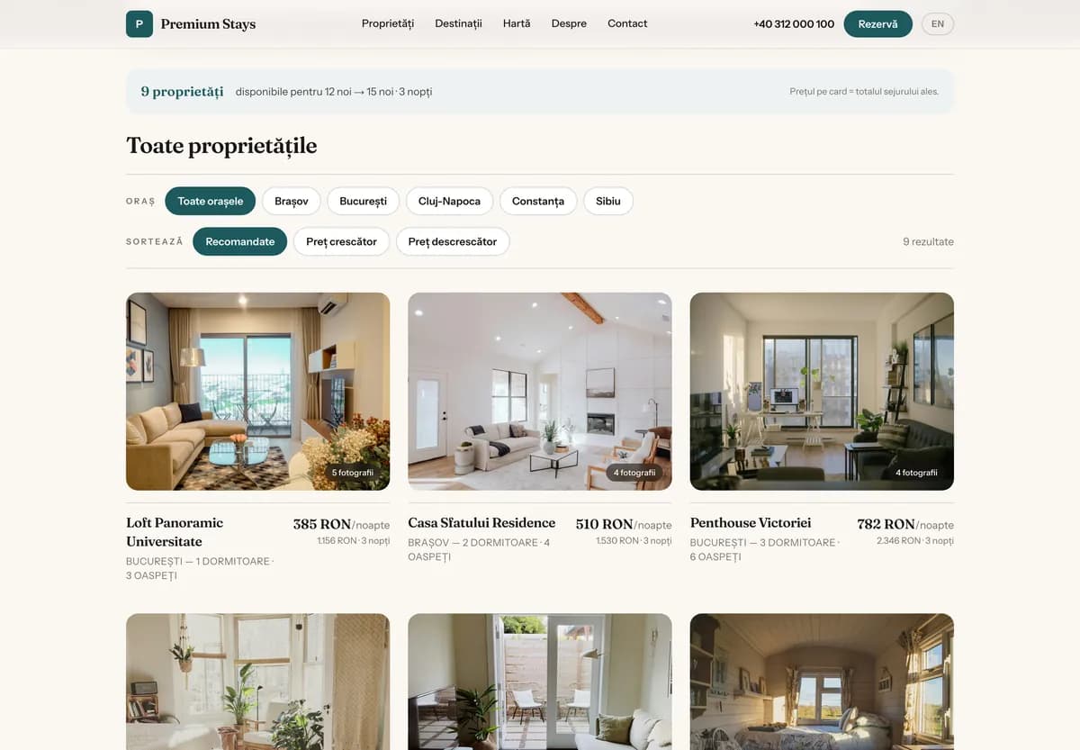 The Premium Stays property list with city and price filters, for a 12–15 November stay, with the 3-night total