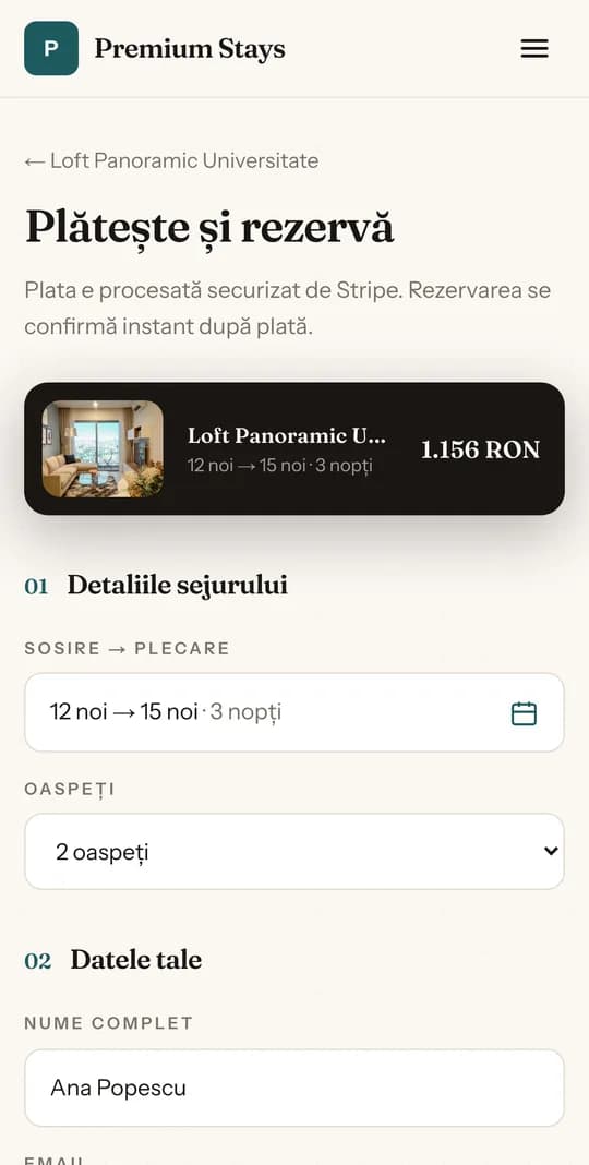 The payment step on a phone: the chosen stay, the total and the guest details