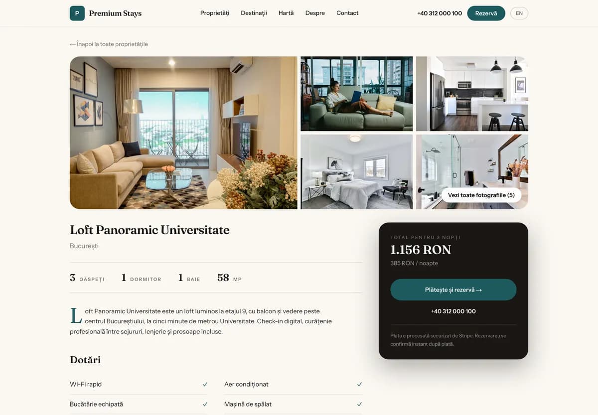 The Loft Panoramic Universitate property page: photo gallery, description and booking box with the 3-night total