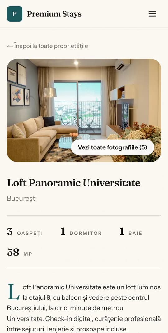 The property page on a phone, with the stay total and the “Pay and book” button