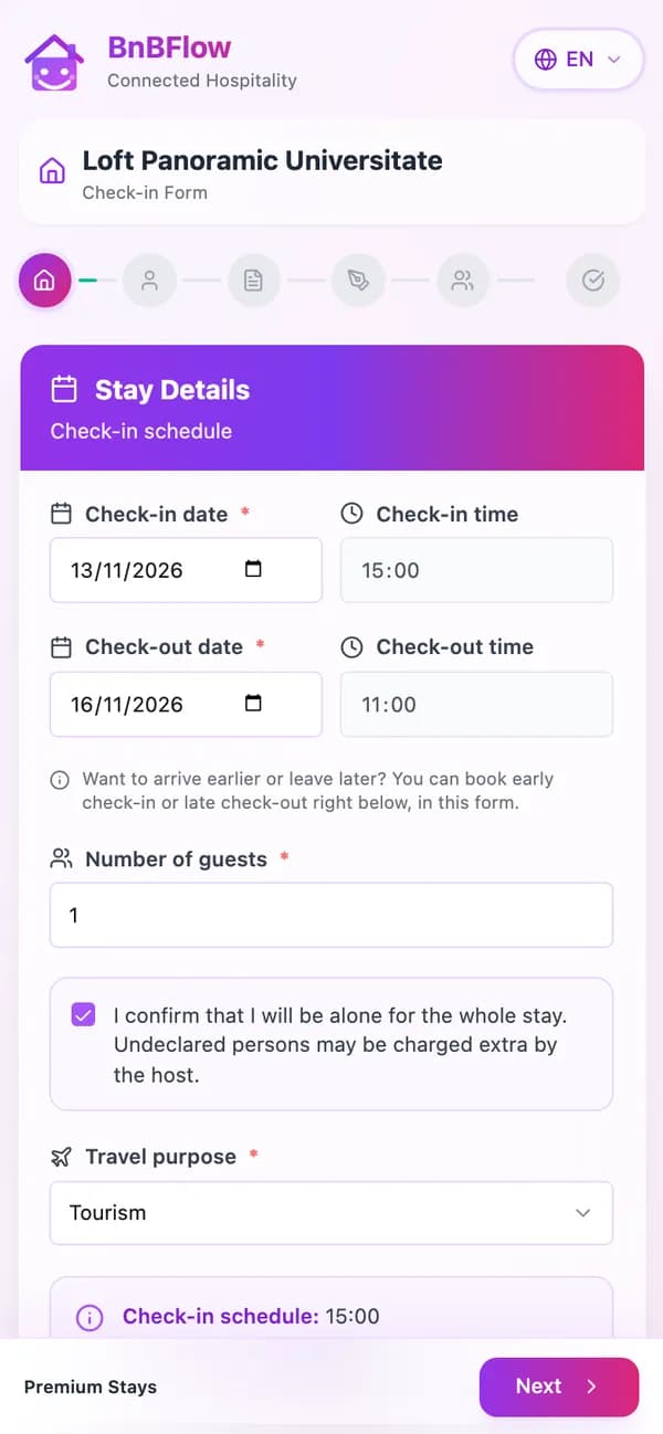 The BnBFlow check-in form on a phone, “Stay details” step: arrival and departure dates, the host’s check-in times, number of guests and travel purpose