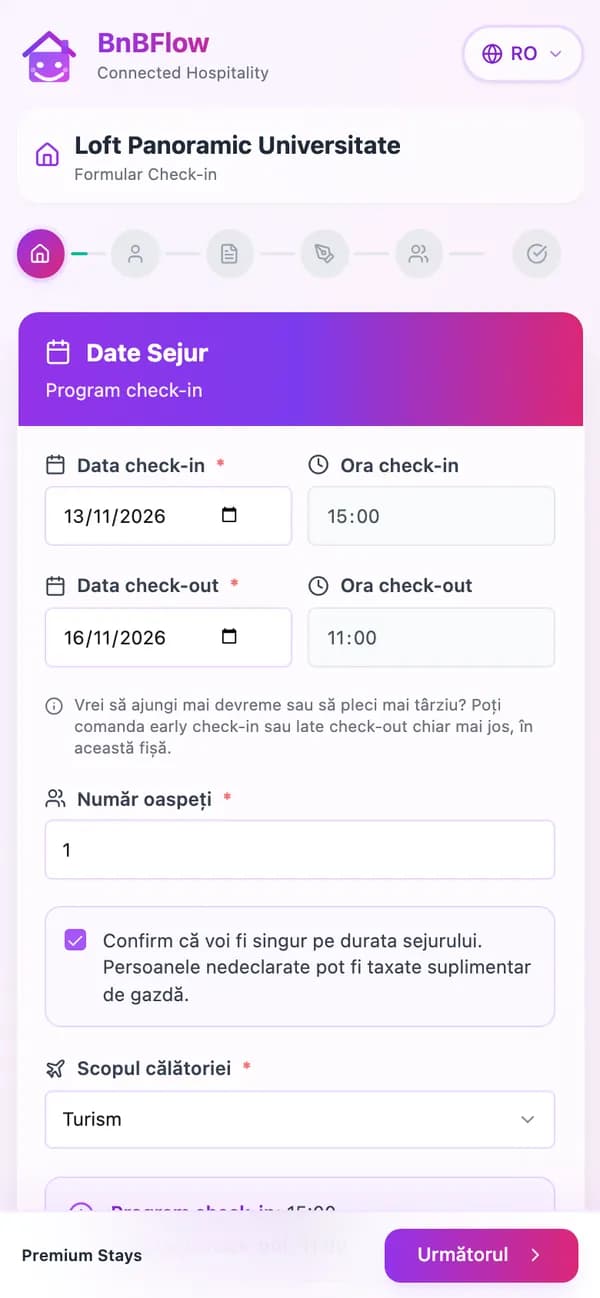 Formularul de check-in BnBFlow pe telefon, pasul „Date sejur”: data sosirii și a plecării, orele setate de gazdă, numărul de oaspeți și scopul călătoriei