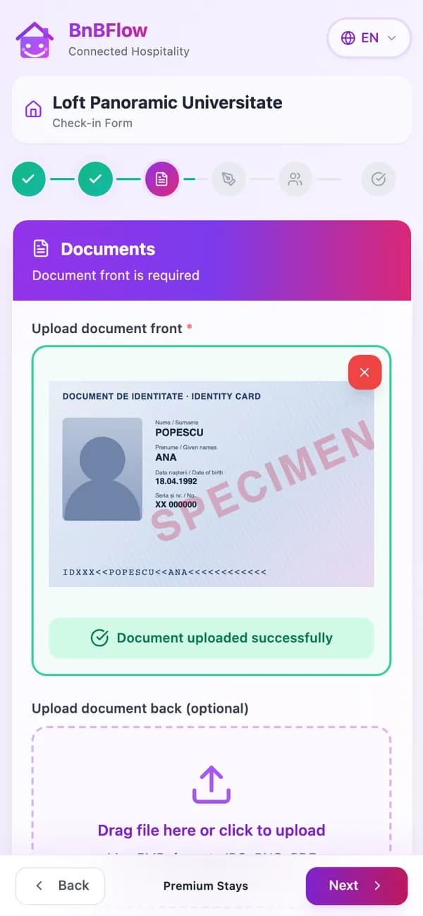 The “Documents” step of online check-in: a photo of a specimen ID card, uploaded, with the message that the document was uploaded successfully