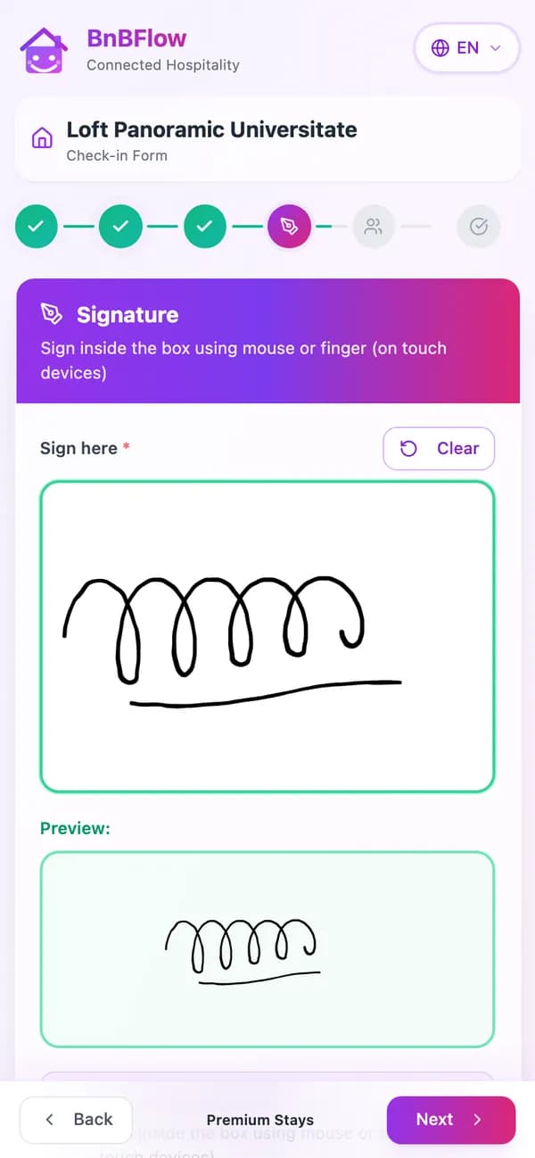 The “Signature” step of online check-in: the guest’s signature drawn with a finger in the box on screen, with the preview below