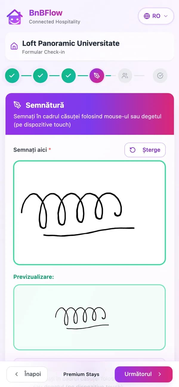 Pasul „Semnătură” al check-in-ului online: semnătura oaspetelui desenată cu degetul în căsuța de pe ecran, cu previzualizarea dedesubt