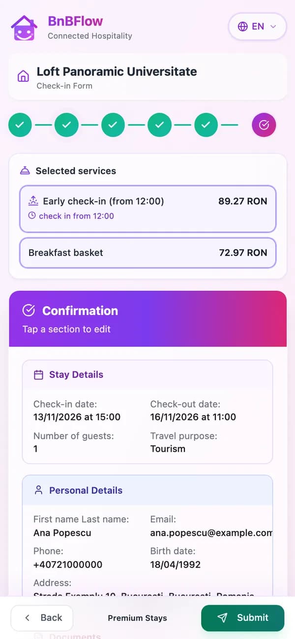 The “Confirmation” step of online check-in: a summary of the stay details and the guest’s personal details, with the “Submit” button