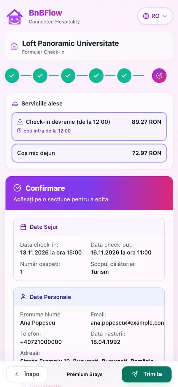 Pasul „Confirmare” al check-in-ului online: rezumatul cu datele sejurului și datele personale ale oaspetelui, cu butonul „Trimite”