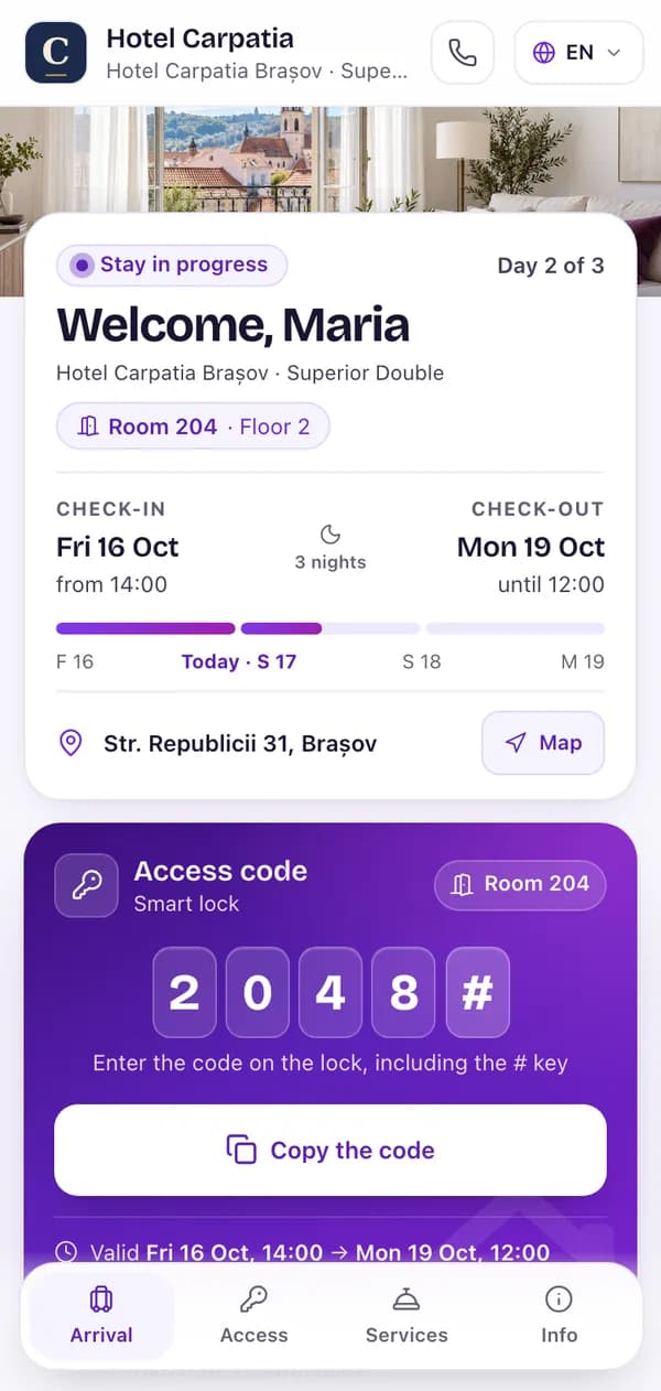The stay page on a phone, for Hotel Carpatia Brașov: the hotel logo in the header, “Welcome, Maria”, Superior Double room 204 on floor 2, check-in Friday 16 Oct from 14:00, check-out Monday 19 Oct until 12:00, day 2 of 3, the address and access code 2048# with a “Copy the code” button