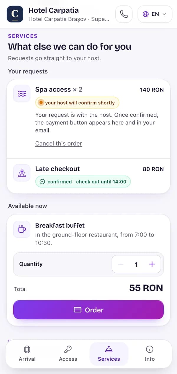 The Services section of the stay page: the guest’s requests (spa access × 2, 140 RON, which the host will confirm shortly; late checkout until 14:00, confirmed, 80 RON) and the 55 RON breakfast buffet, ready to order
