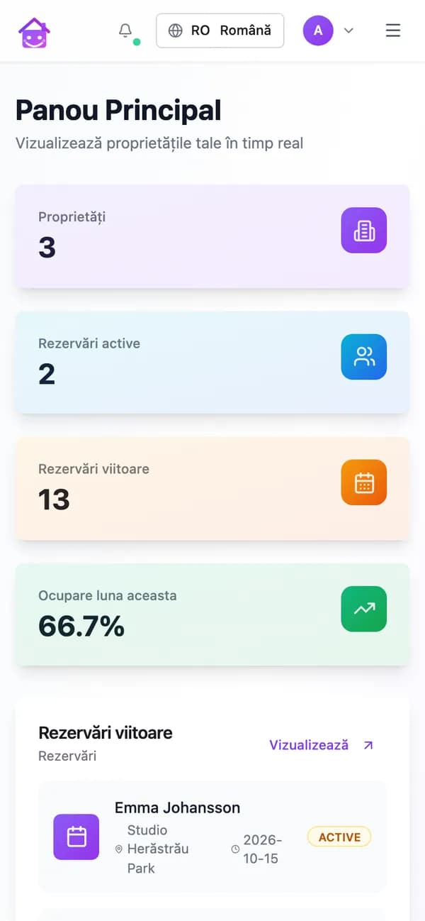 Panoul portalului pe telefon: proprietățile, rezervările active și viitoare și ocuparea