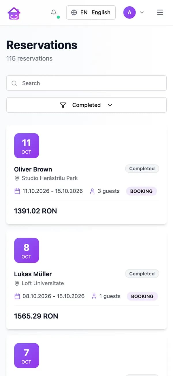 The reservation list in the owner portal on a phone, filtered to completed stays: guest, property, dates, number of guests, the Booking.com channel and the amount in lei