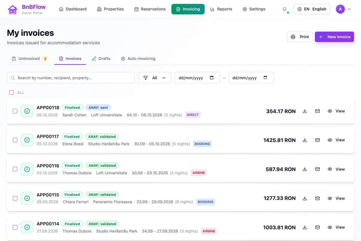 The owner’s guest invoices in the portal: number, e-invoicing status, guest, property, stay, channel and amount, with download and email
