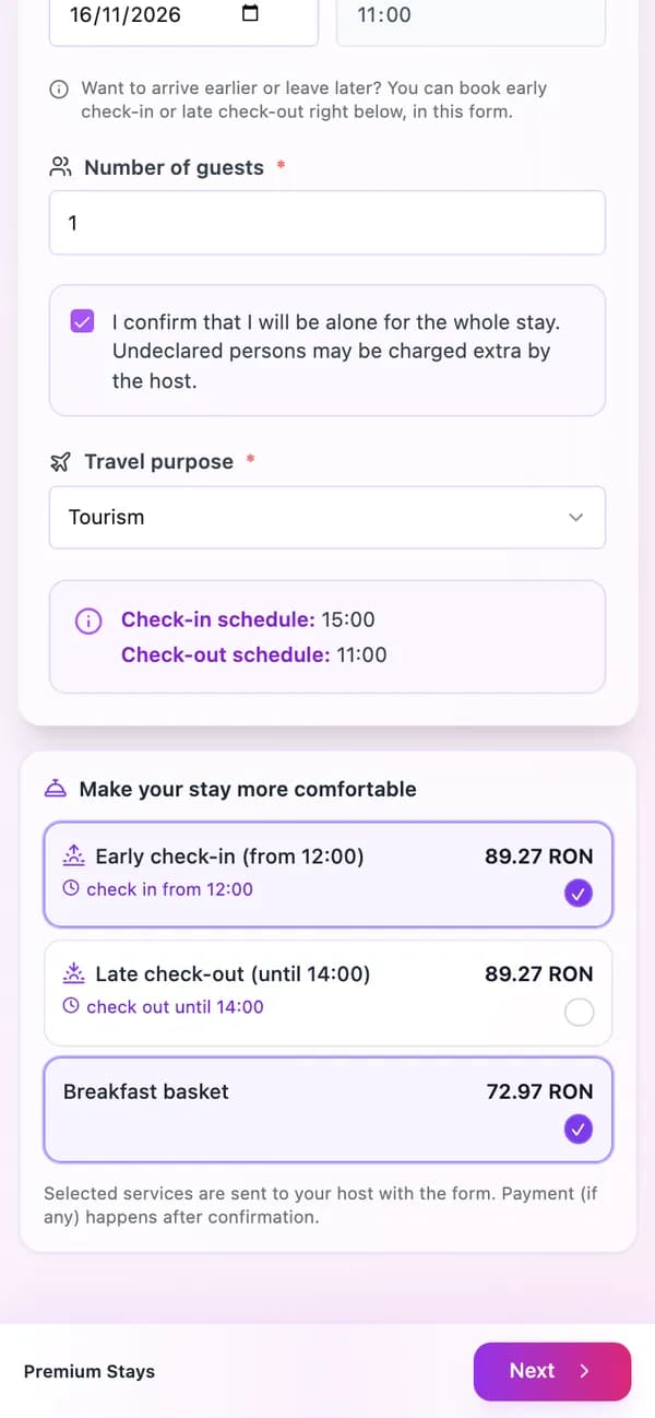 The check-in form on a phone, “Make your stay more comfortable” section: early check-in from 12:00 and a breakfast basket selected, late check-out until 14:00, each with its price in RON