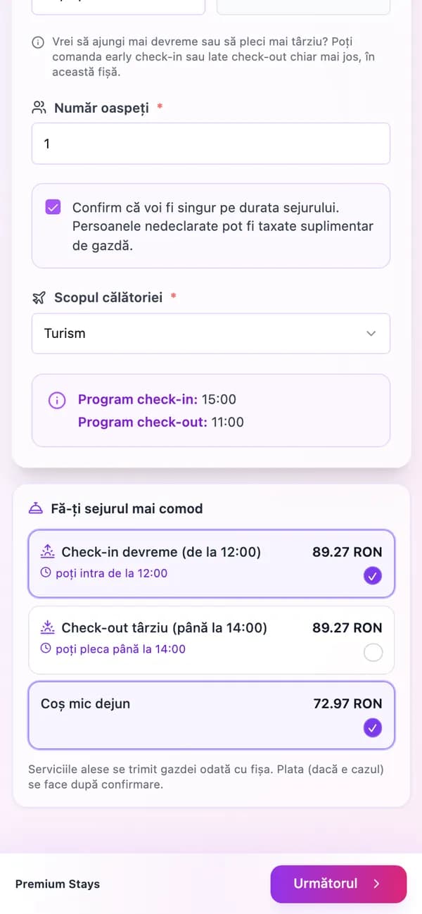 Formularul de check-in pe telefon, secțiunea „Fă-ți sejurul mai comod”: check-in devreme de la 12:00 și coș mic dejun bifate, check-out târziu până la 14:00, fiecare cu prețul în lei