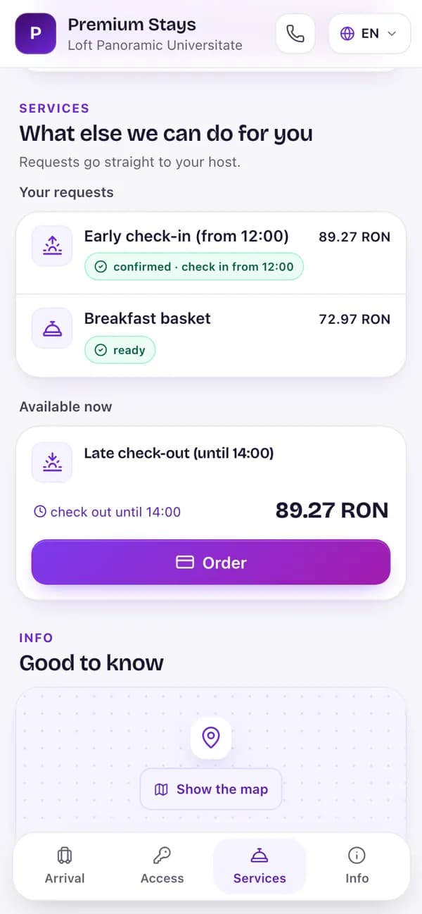 The stay page on a phone, Services section: early check-in confirmed, breakfast basket ready and late check-out available with an “Order” button