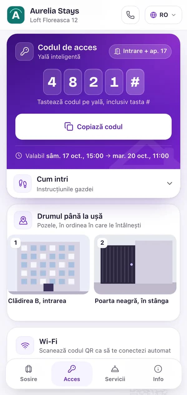 Pagina sejurului pe telefon, secțiunea Acces: codul de acces 4821# pe cifre mari, yala „Intrare + ap. 17”, butonul „Copiază codul”, valabil de sâmbătă 17 oct., 15:00 până marți 20 oct., 11:00, apoi pozele cu drumul până la ușă: clădirea și poarta